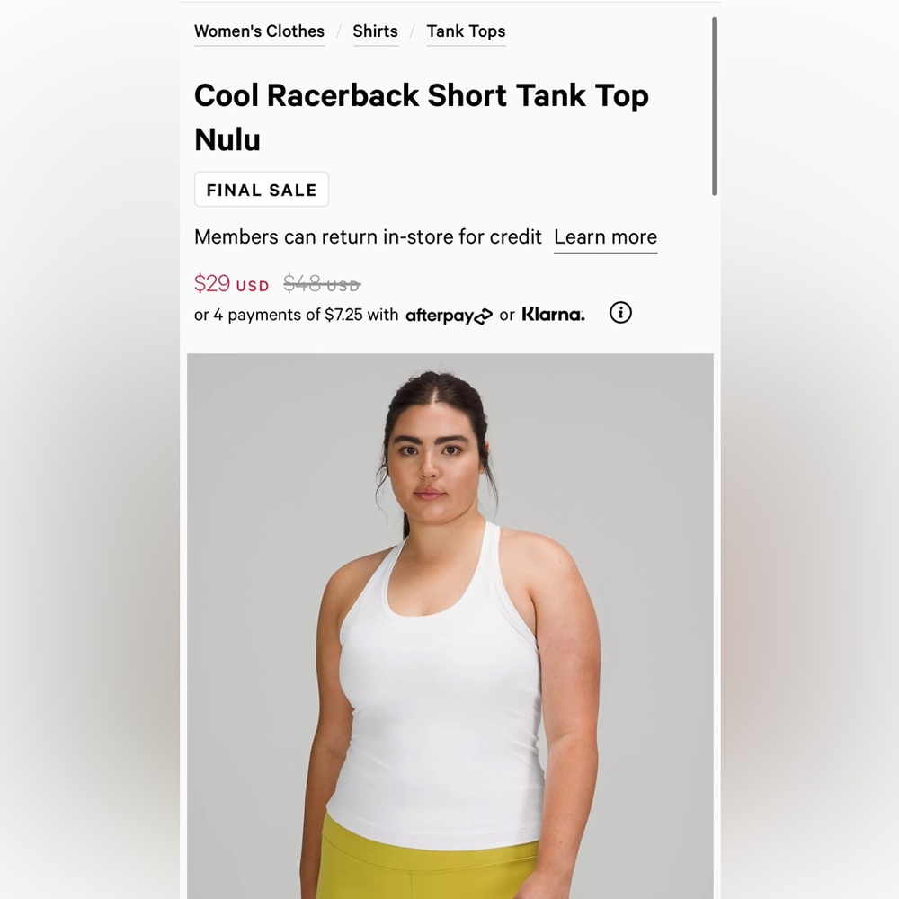 Lululemon Cropped Cool Racerback White Size 4